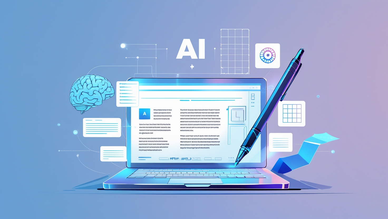 AI transforming content writing and design through futuristic tools on a laptop interface