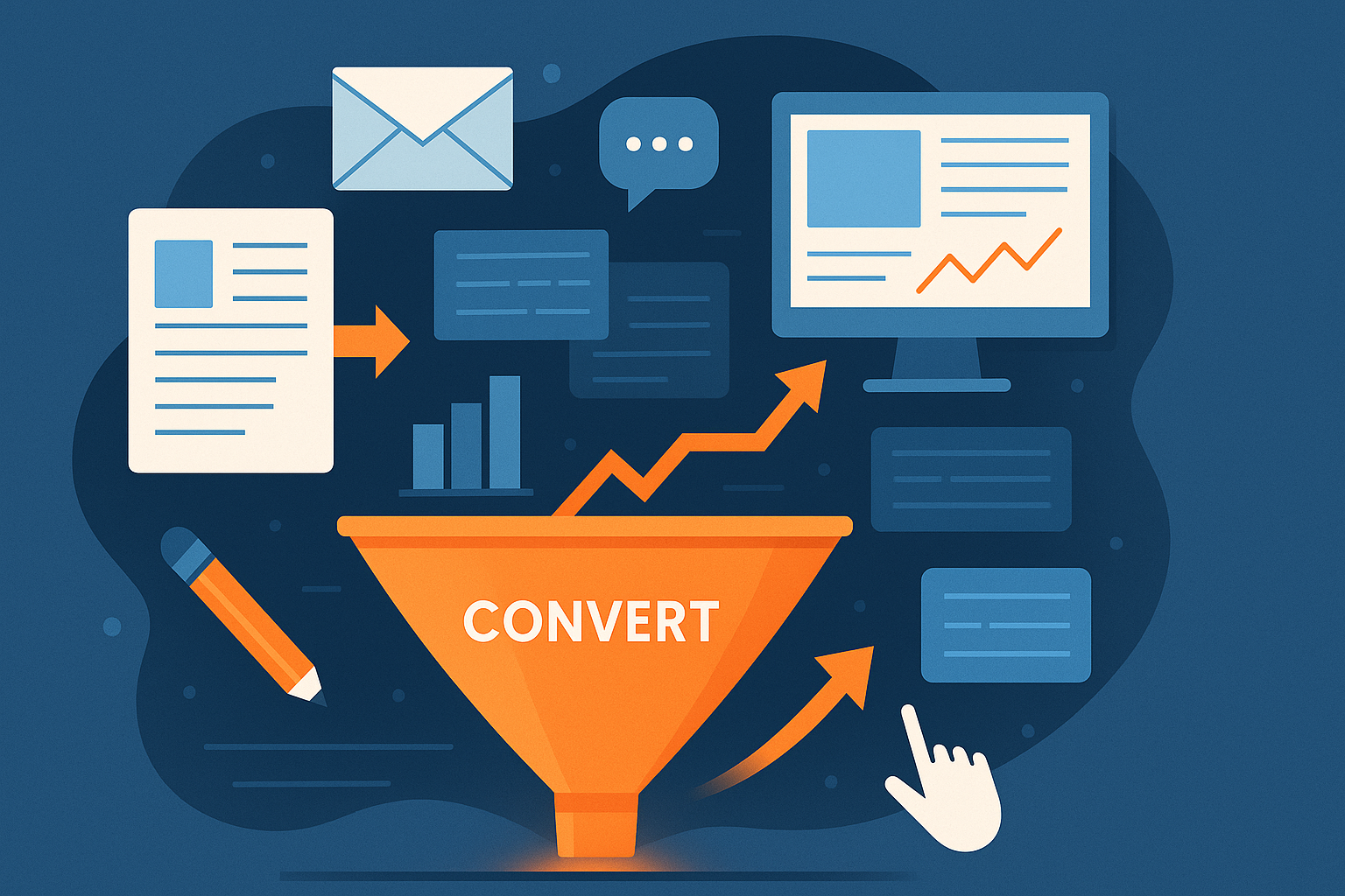 Illustration of a modern digital content funnel showing content, design, and analytics tools converting into business leads